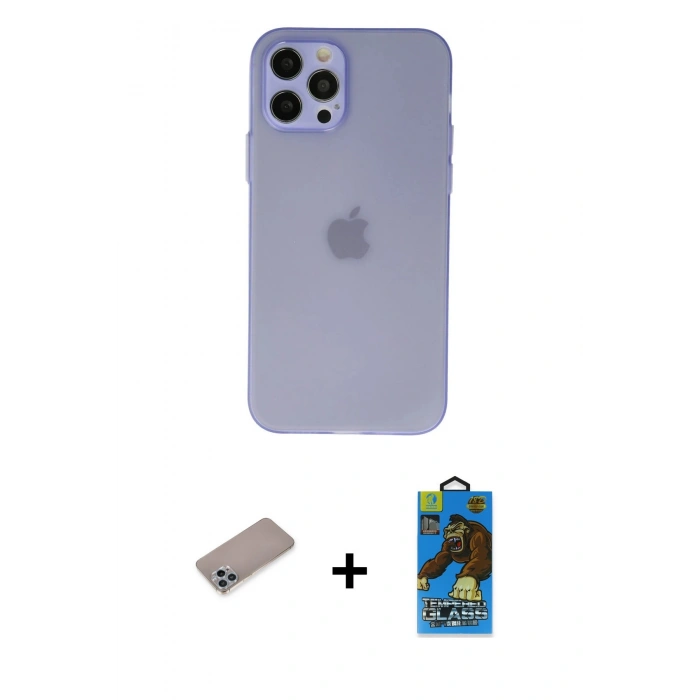 MARSİLYAN™- iPhone 12 Pro Max Kılıf Atlas Minimal Prime - Siyah 18D Cam Ekran Koruyucu + Sierra Blue Shine Kamera Lens Koruma Cam