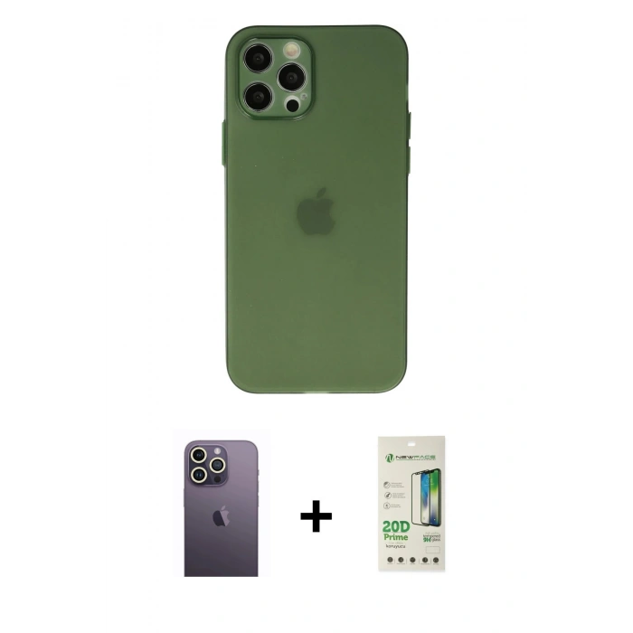 MARSİLYAN™- iPhone 12 Pro Max Kılıf Atlas Minimal Prime - Siyah 20D Premium Cam Ekran Koruyucu + Neon Fosforlu Kamera Lens - BZ