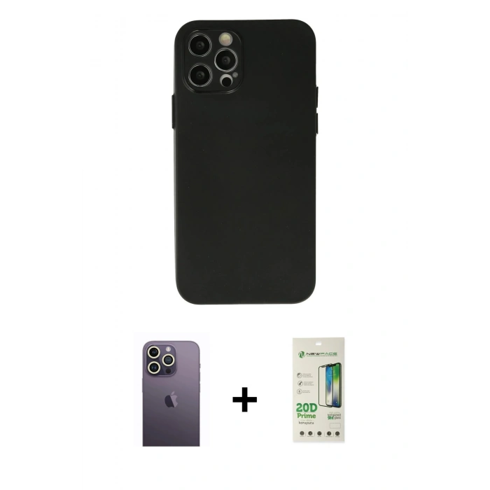 MARSİLYAN™- iPhone 12 Pro Max Kılıf Atlas Minimal Prime - Siyah 20D Premium Cam Ekran Koruyucu + Neon Fosforlu Kamera Lens - BZ