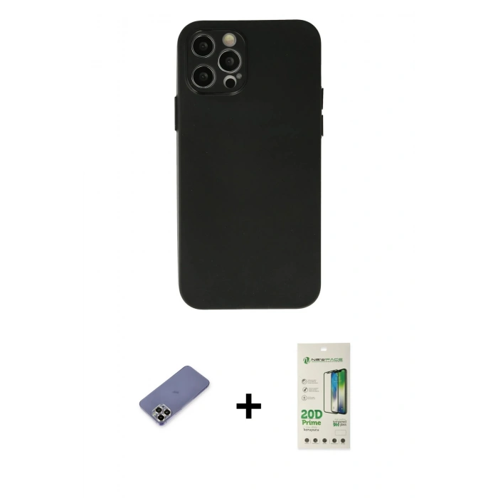 MARSİLYAN™- iPhone 12 Pro Max Kılıf Atlas Minimal Prime - Siyah 20D Premium Cam Ekran Koruyucu + Gold Metal Kamera Lens Koruma Cam