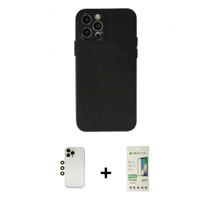 MARSİLYAN™- iPhone 12 Pro Max Kılıf Atlas Minimal Prime - Siyah 20D Premium Cam Ekran Koruyucu + Shine Kamera Lens - GD