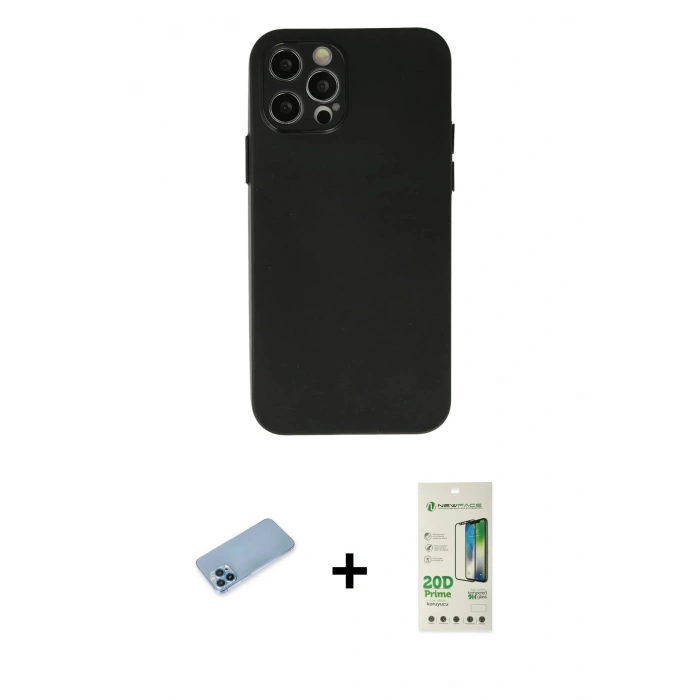 MARSİLYAN™- iPhone 12 Pro Max Kılıf Atlas Minimal Prime - Siyah 20D Premium Cam Ekran Koruyucu + Shine Kamera Lens Koruma Cam - MI