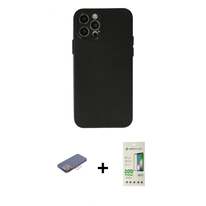 MARSİLYAN™- iPhone 12 Pro Max Kılıf Atlas Minimal Prime - Siyah 20D Premium Cam Ekran Koruyucu + Renkli Kamera Lens Koruma Cam - PE