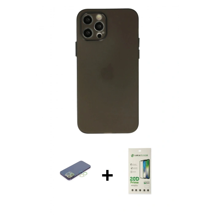 MARSİLYAN™- iPhone 12 Pro Max Kılıf Atlas Minimal Prime - Siyah 20D Premium Cam Ekran Koruyucu + Renkli Kamera Lens Koruma Cam - YL