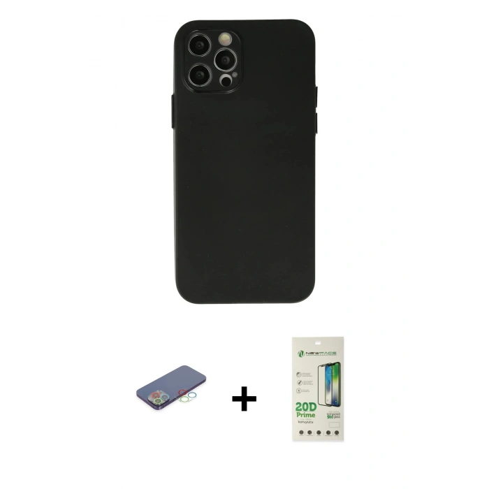 MARSİLYAN™- iPhone 12 Pro Max Kılıf Atlas Minimal Prime - Siyah 20D Premium Cam Ekran Koruyucu + Renkli Kamera Lens Koruma Cam - MI