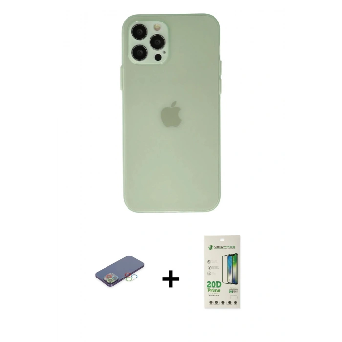 MARSİLYAN™- iPhone 12 Pro Max Kılıf Atlas Minimal Prime - Siyah 20D Premium Cam Ekran Koruyucu + Renkli Kamera Lens Koruma Cam - MI
