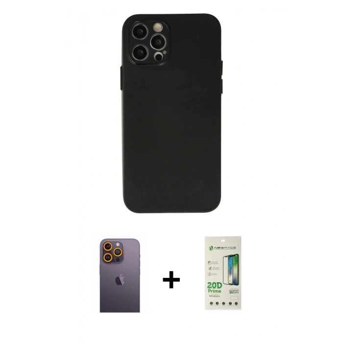 MARSİLYAN™- iPhone 12 Pro Max Kılıf Atlas Minimal Prime - Siyah 20D Premium Cam Ekran Koruyucu + Sarı Neon Fosforlu Kamera Lens
