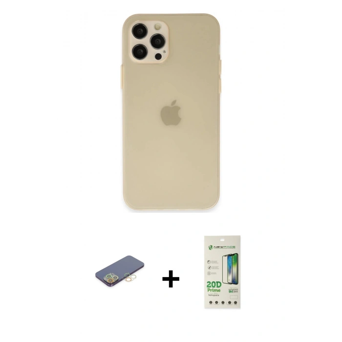 MARSİLYAN™- iPhone 12 Pro Max Kılıf Atlas Minimal Prime - Siyah 20D Premium Cam Ekran Koruyucu + Sarı Renkli Kamera Lens Koruma Cam