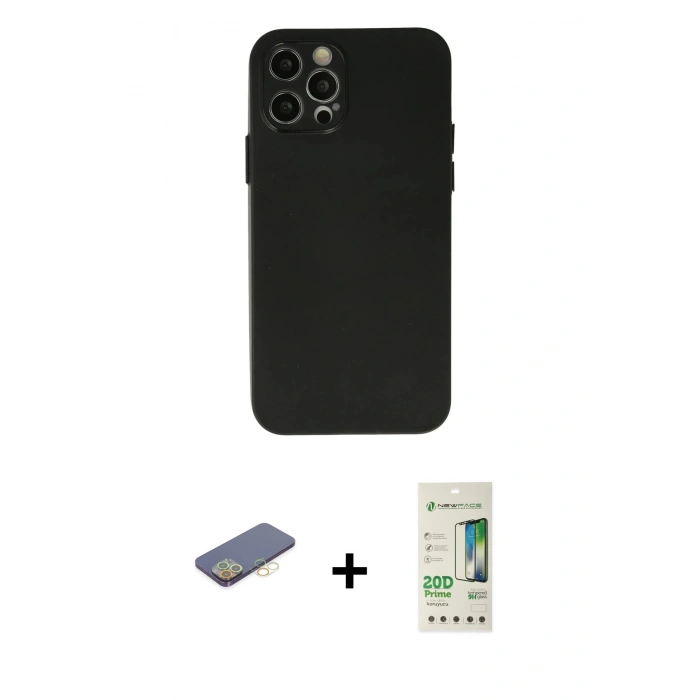 MARSİLYAN™- iPhone 12 Pro Max Kılıf Atlas Minimal Prime - Siyah 20D Premium Cam Ekran Koruyucu + Sarı Renkli Kamera Lens Koruma Cam