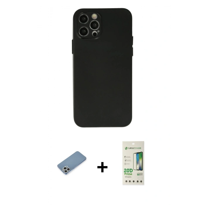 MARSİLYAN™- iPhone 12 Pro Max Kılıf Atlas Minimal Prime - Siyah 20D Premium Cam Ekran Koruyucu + Shine Kamera Lens Koruma Cam - GS