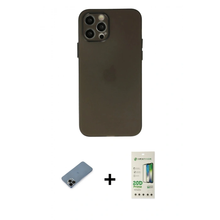 MARSİLYAN™- iPhone 12 Pro Max Kılıf Atlas Minimal Prime - Siyah 20D Premium Cam Ekran Koruyucu + Shine Kamera Lens Koruma Cam - SH