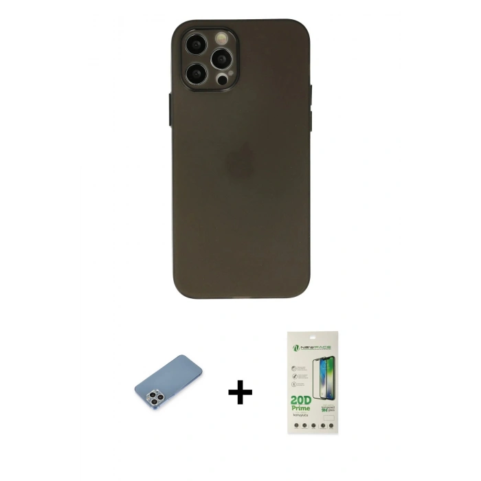 MARSİLYAN™- iPhone 12 Pro Max Kılıf Atlas Minimal Prime - Siyah 20D Premium Cam Ekran Koruyucu + Shine Kamera Lens Koruma Cam - GS