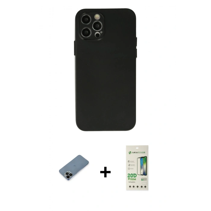 MARSİLYAN™- iPhone 12 Pro Max Kılıf Atlas Minimal Prime - Siyah 20D Premium Cam Ekran Koruyucu + Shine Kamera Lens Koruma Cam - SH