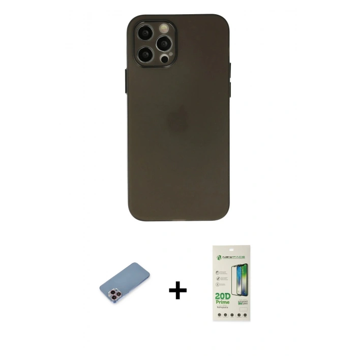 MARSİLYAN™- iPhone 12 Pro Max Kılıf Atlas Minimal Prime - Siyah 20D Premium Cam Ekran Koruyucu + Shine Kamera Lens Koruma Cam - PE