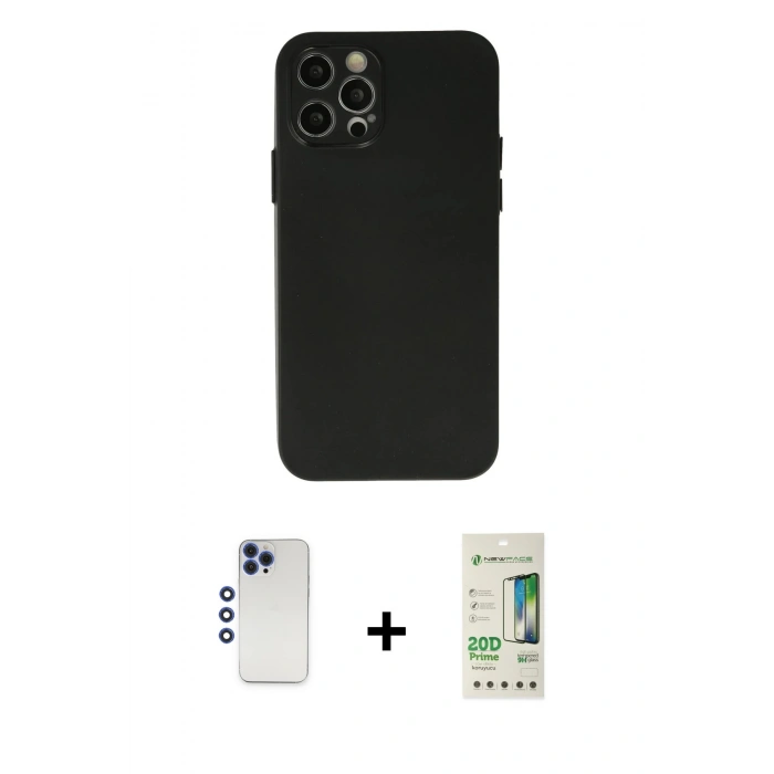 MARSİLYAN™- iPhone 12 Pro Max Kılıf Atlas Minimal Prime - Siyah 20D Premium Cam Ekran Koruyucu + Shine Kamera Lens - LT