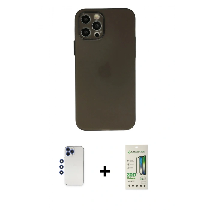 MARSİLYAN™- iPhone 12 Pro Max Kılıf Atlas Minimal Prime - Siyah 20D Premium Cam Ekran Koruyucu + Shine Kamera Lens - LT