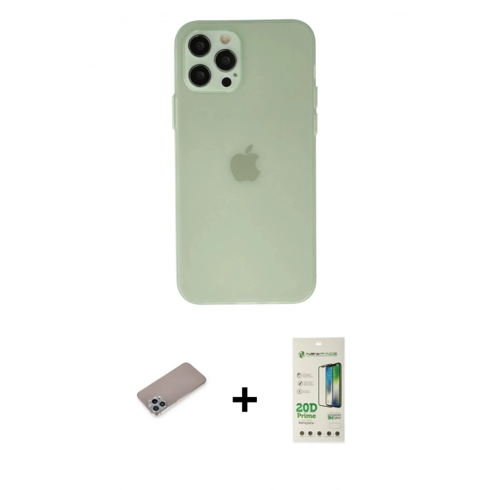 MARSİLYAN™- iPhone 12 Pro Max Kılıf Atlas Minimal Prime - Siyah 20D Premium Cam Ekran Koruyucu + Sierra Blue Shine Kamera Lens Koruma Cam