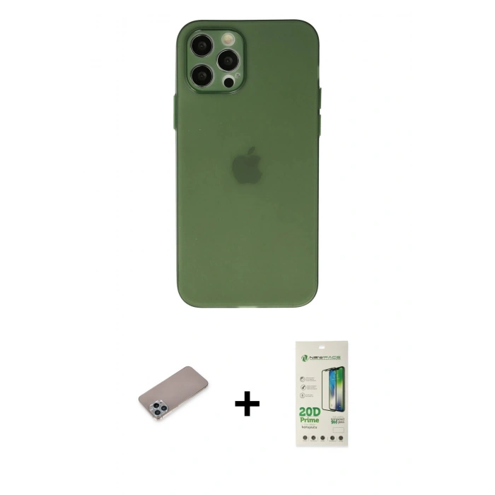 MARSİLYAN™- iPhone 12 Pro Max Kılıf Atlas Minimal Prime - Siyah 20D Premium Cam Ekran Koruyucu + Sierra Blue Shine Kamera Lens Koruma Cam