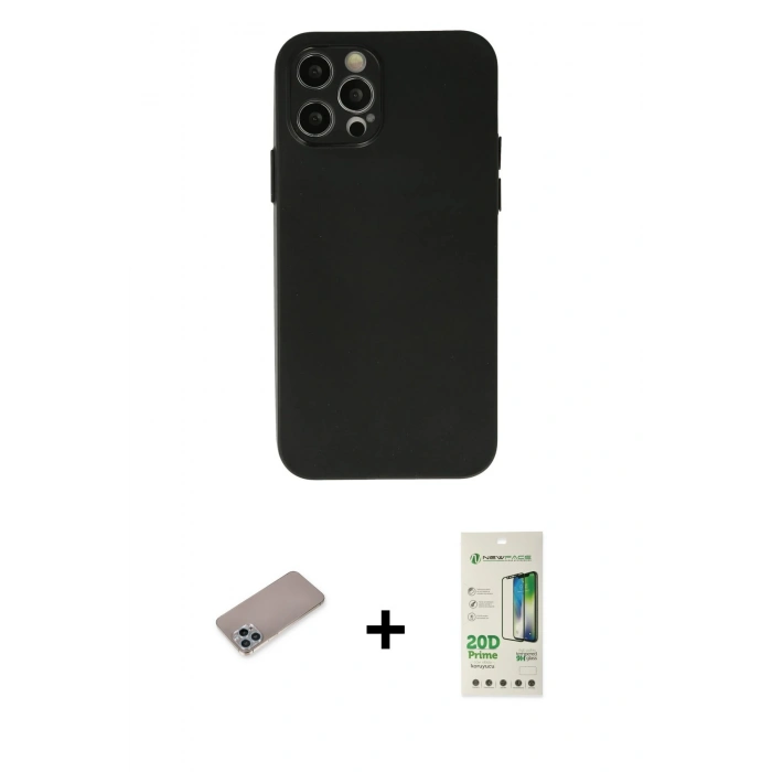 MARSİLYAN™- iPhone 12 Pro Max Kılıf Atlas Minimal Prime - Siyah 20D Premium Cam Ekran Koruyucu + Sierra Blue Shine Kamera Lens Koruma Cam