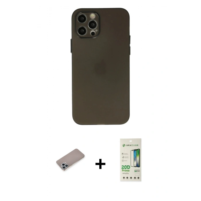 MARSİLYAN™- iPhone 12 Pro Max Kılıf Atlas Minimal Prime - Siyah 20D Premium Cam Ekran Koruyucu + Sierra Blue Shine Kamera Lens Koruma Cam