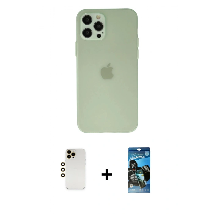 MARSİLYAN™- iPhone 12 Pro Max Kılıf Atlas Minimal Prime - Siyah 34D Izgaralı Cam + Shine Kamera Lens - GD