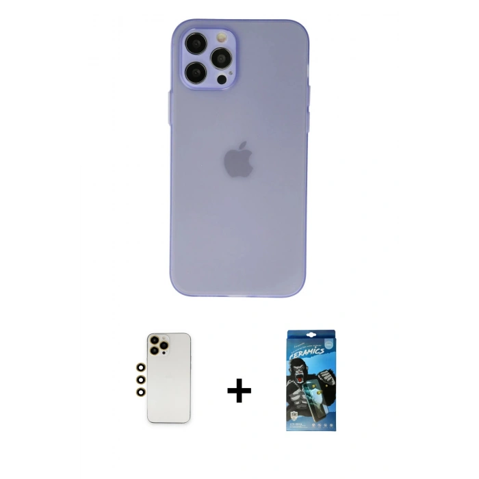 MARSİLYAN™- iPhone 12 Pro Max Kılıf Atlas Minimal Prime - Siyah 34D Izgaralı Cam + Shine Kamera Lens - GD