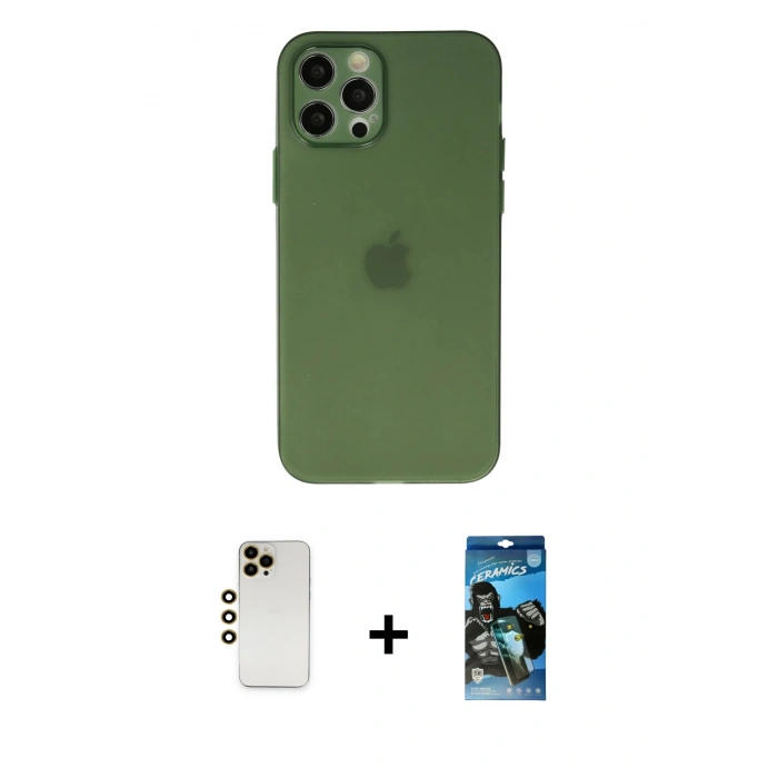 MARSİLYAN™- iPhone 12 Pro Max Kılıf Atlas Minimal Prime - Siyah 34D Izgaralı Cam + Shine Kamera Lens - GD