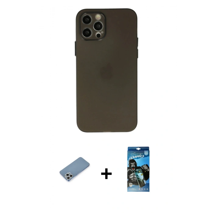 MARSİLYAN™- iPhone 12 Pro Max Kılıf Atlas Minimal Prime - Siyah 34D Izgaralı Cam + Shine Kamera Lens Koruma Cam - GS