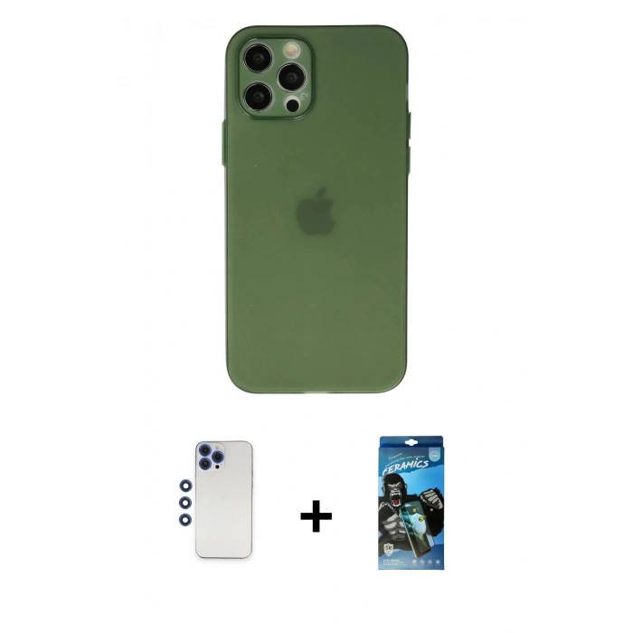 MARSİLYAN™- iPhone 12 Pro Max Kılıf Atlas Minimal Prime - Siyah 34D Izgaralı Cam + Lacivert Shine Kamera Lens