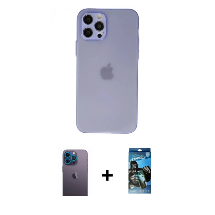 MARSİLYAN™- iPhone 12 Pro Max Kılıf Atlas Minimal Prime - Siyah 34D Izgaralı Cam + Neon Fosforlu Kamera Lens - MI