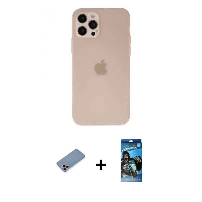 MARSİLYAN™- iPhone 12 Pro Max Kılıf Atlas Minimal Prime - Siyah 34D Izgaralı Cam + Shine Kamera Lens Koruma Cam - PE