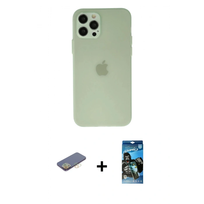 MARSİLYAN™- iPhone 12 Pro Max Kılıf Atlas Minimal Prime - Siyah 34D Izgaralı Cam + Renkli Kamera Lens Koruma Cam - SI
