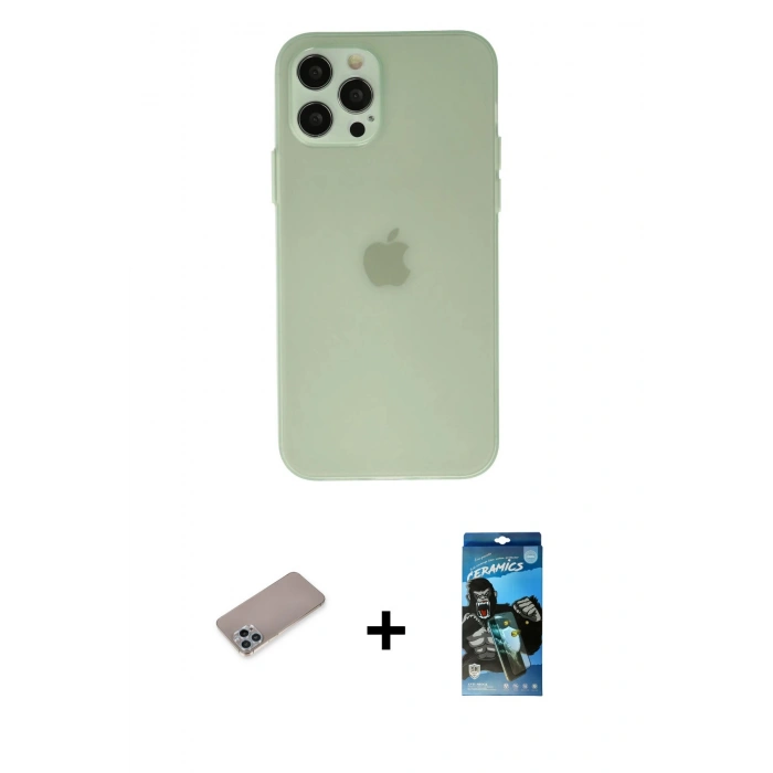 MARSİLYAN™- iPhone 12 Pro Max Kılıf Atlas Minimal Prime - Siyah 34D Izgaralı Cam + Shine Kamera Lens Koruma Cam - SABE
