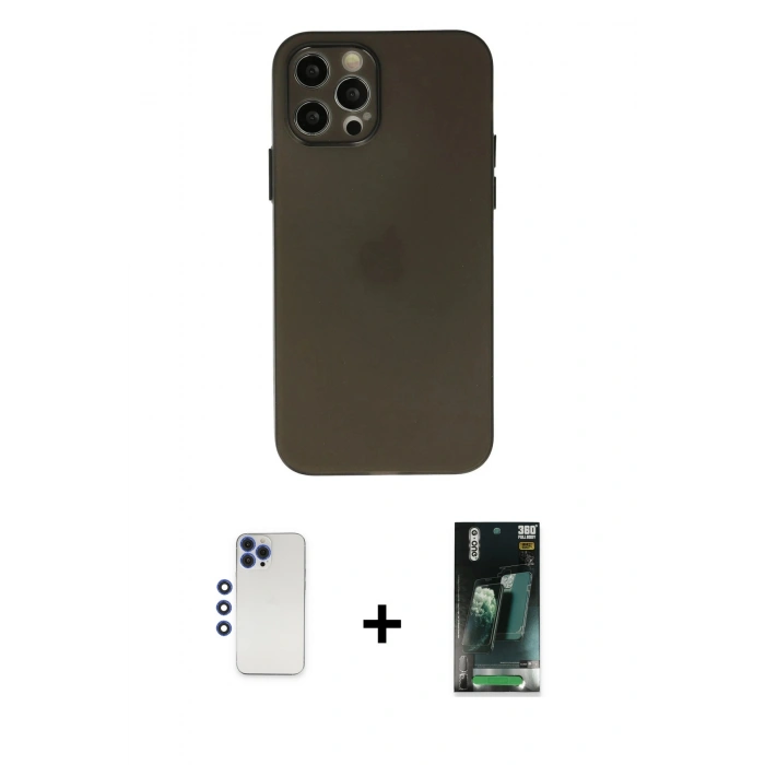 MARSİLYAN™- iPhone 12 Pro Max Kılıf Atlas Minimal Prime - Siyah 360 Mat Full Body Arka Koruyucu + Shine Kamera Lens - LT