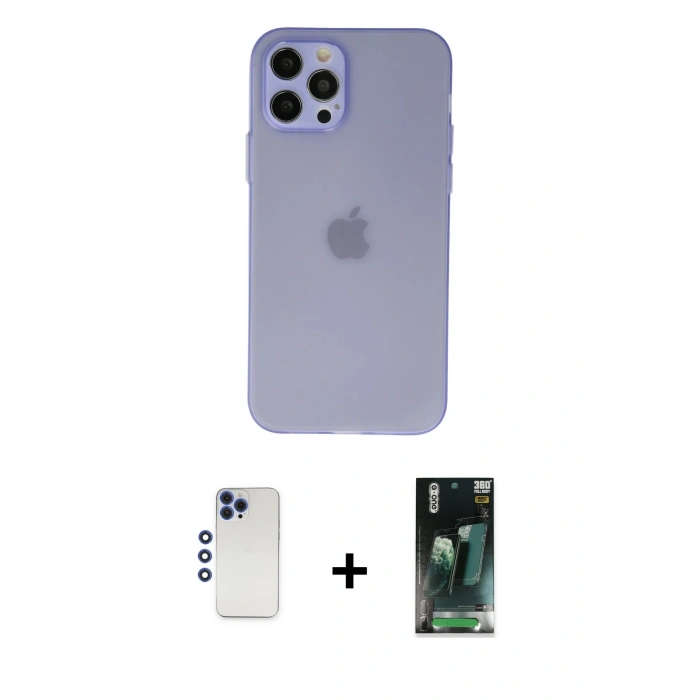 MARSİLYAN™- iPhone 12 Pro Max Kılıf Atlas Minimal Prime - Siyah 360 Mat Full Body Arka Koruyucu + Shine Kamera Lens - LT