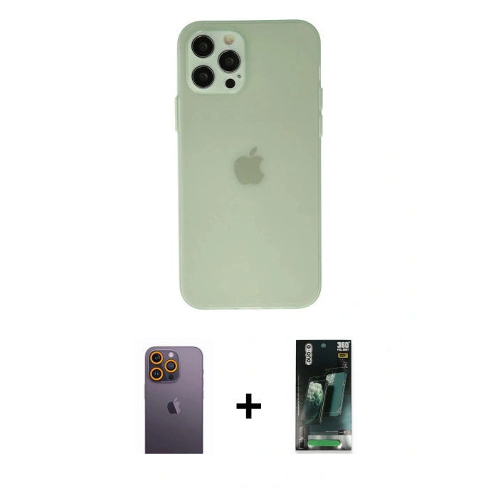 MARSİLYAN™- iPhone 12 Pro Max Kılıf Atlas Minimal Prime - Siyah 360 Mat Full Body Arka Koruyucu + Sarı Neon Fosforlu Kamera Lens