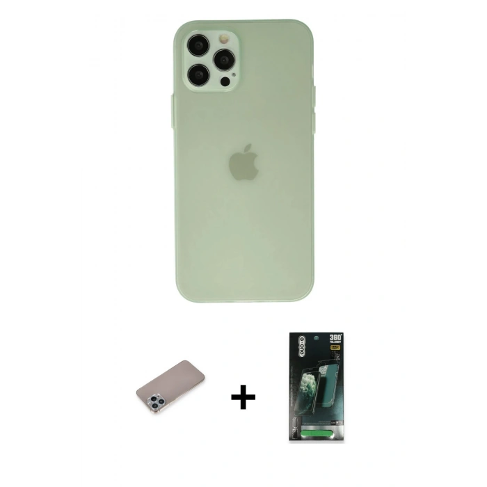 MARSİLYAN™- iPhone 12 Pro Max Kılıf Atlas Minimal Prime - Siyah 360 Mat Full Body Arka Koruyucu + Shine Kamera Lens Koruma Cam - SABE