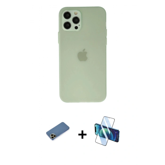MARSİLYAN™- iPhone 12 Pro Max Kılıf Atlas Minimal Prime - Siyah 3D Antistatik Cam Ekran Koruyucu + Shine Kamera Lens Koruma Cam - GD