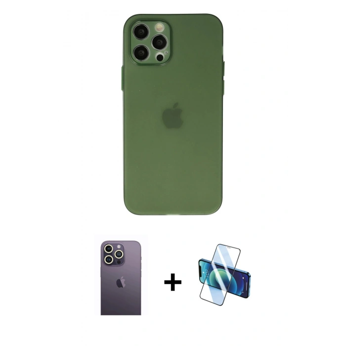 MARSİLYAN™- iPhone 12 Pro Max Kılıf Atlas Minimal Prime - Siyah 3D Antistatik Cam Ekran Koruyucu + Neon Fosforlu Kamera Lens - BZ