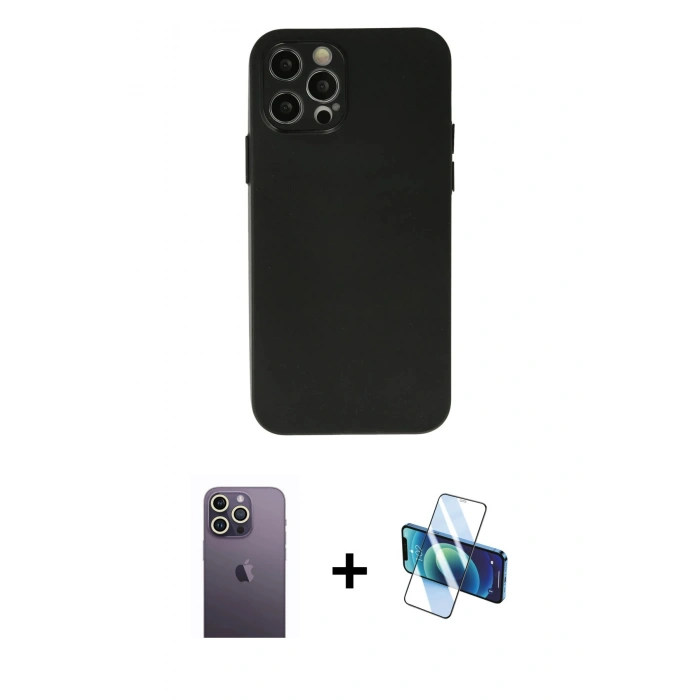 MARSİLYAN™- iPhone 12 Pro Max Kılıf Atlas Minimal Prime - Siyah 3D Antistatik Cam Ekran Koruyucu + Neon Fosforlu Kamera Lens - BZ