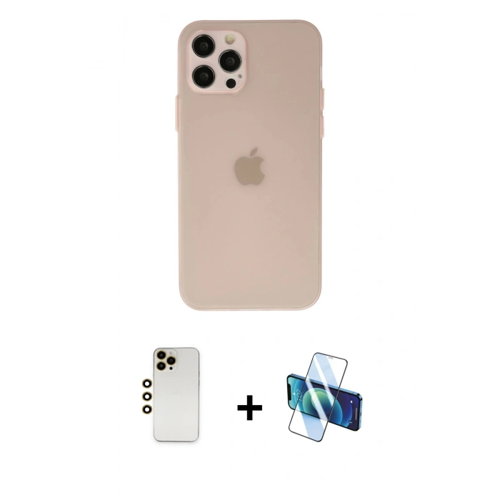 MARSİLYAN™- iPhone 12 Pro Max Kılıf Atlas Minimal Prime - Siyah 3D Antistatik Cam Ekran Koruyucu + Shine Kamera Lens - GD