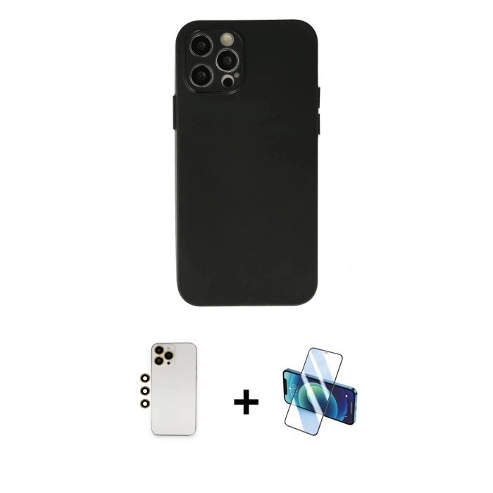MARSİLYAN™- iPhone 12 Pro Max Kılıf Atlas Minimal Prime - Siyah 3D Antistatik Cam Ekran Koruyucu + Shine Kamera Lens - GD