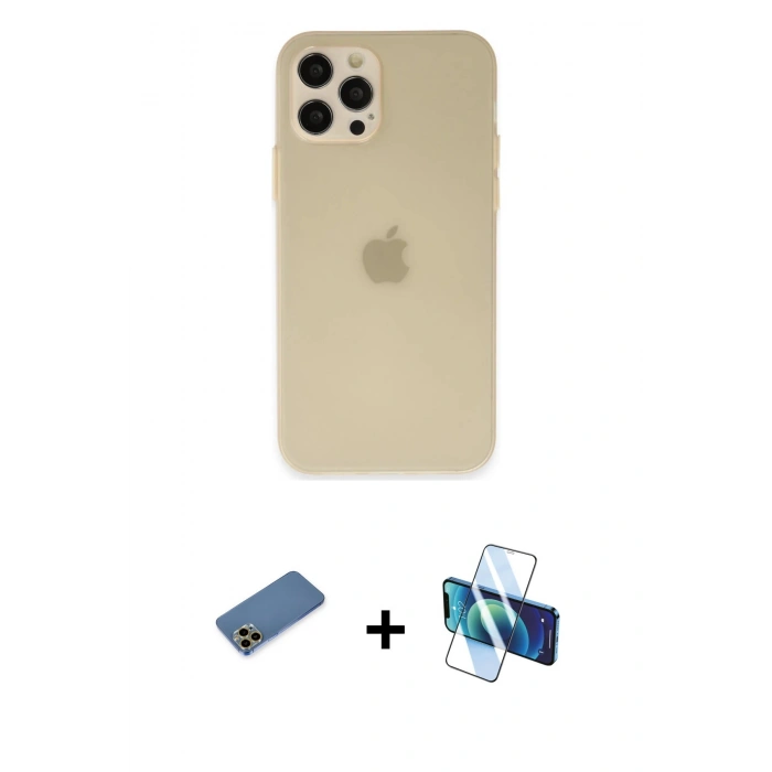 MARSİLYAN™- iPhone 12 Pro Max Kılıf Atlas Minimal Prime - Siyah 3D Antistatik Cam Ekran Koruyucu + Shine Kamera Lens Koruma Cam - GD