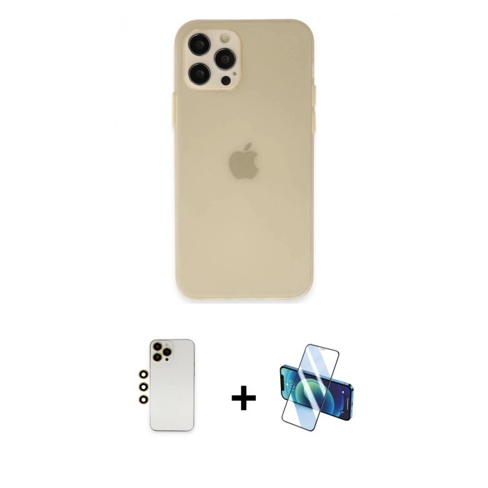 MARSİLYAN™- iPhone 12 Pro Max Kılıf Atlas Minimal Prime - Siyah 3D Antistatik Cam Ekran Koruyucu + Shine Kamera Lens - GD