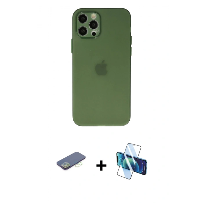 MARSİLYAN™- iPhone 12 Pro Max Kılıf Atlas Minimal Prime - Siyah 3D Antistatik Cam Ekran Koruyucu + Renkli Kamera Lens Koruma Cam - YL