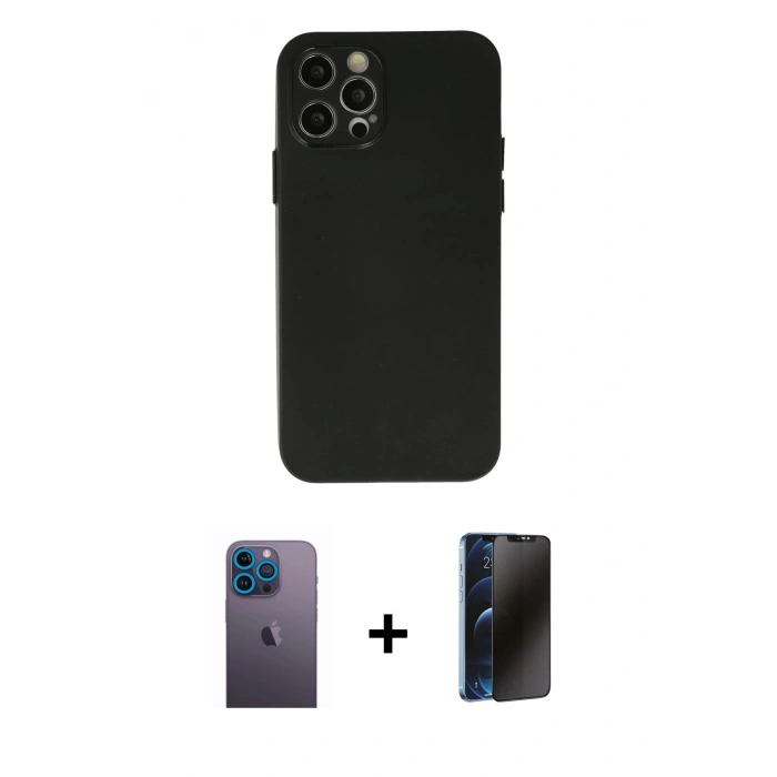 MARSİLYAN™- iPhone 12 Pro Max Kılıf Atlas Minimal Prime - Siyah 3D Antistatik Hayalet Cam Ekran Koruyucu + Neon Fosforlu Kamera Lens - MI