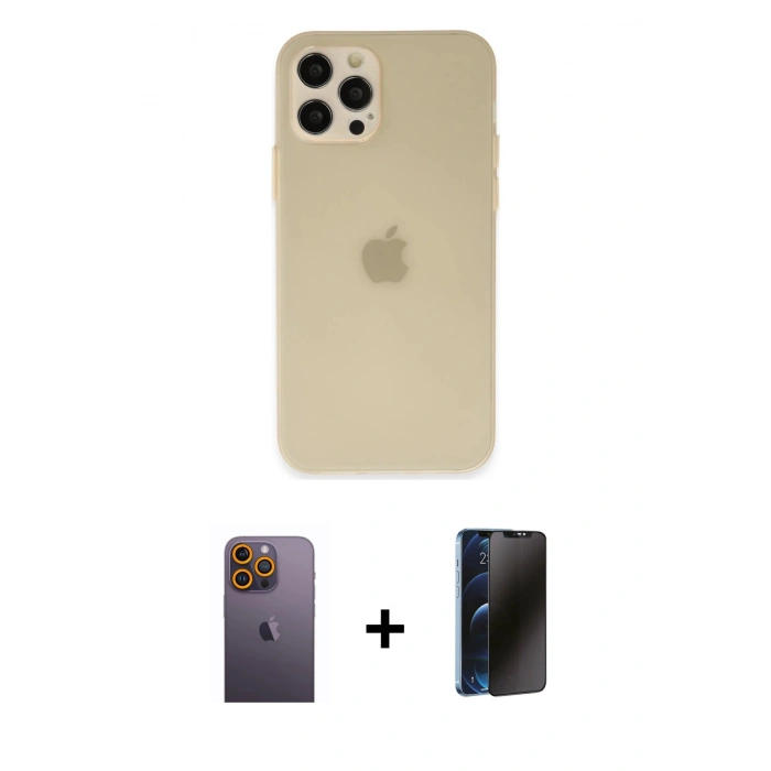 MARSİLYAN™- iPhone 12 Pro Max Kılıf Atlas Minimal Prime - Siyah 3D Antistatik Hayalet Cam Ekran Koruyucu + Neon Fosforlu Kamera Lens - SI