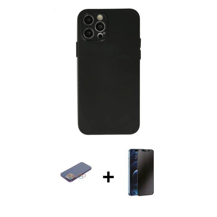 MARSİLYAN™- iPhone 12 Pro Max Kılıf Atlas Minimal Prime - Siyah 3D Antistatik Hayalet Cam Ekran Koruyucu + Renkli Kamera Lens Koruma Cam - PE