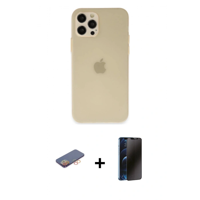 MARSİLYAN™- iPhone 12 Pro Max Kılıf Atlas Minimal Prime - Siyah 3D Antistatik Hayalet Cam Ekran Koruyucu + Renkli Kamera Lens Koruma Cam - TU
