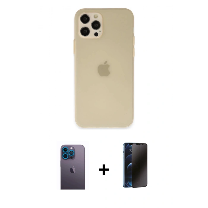 MARSİLYAN™- iPhone 12 Pro Max Kılıf Atlas Minimal Prime - Siyah 3D Antistatik Hayalet Cam Ekran Koruyucu + Neon Fosforlu Kamera Lens - MI